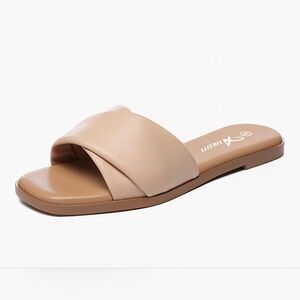 Summer Flat Sandals Slip On Square Toe Soft Leather Slide Sandals 6 5